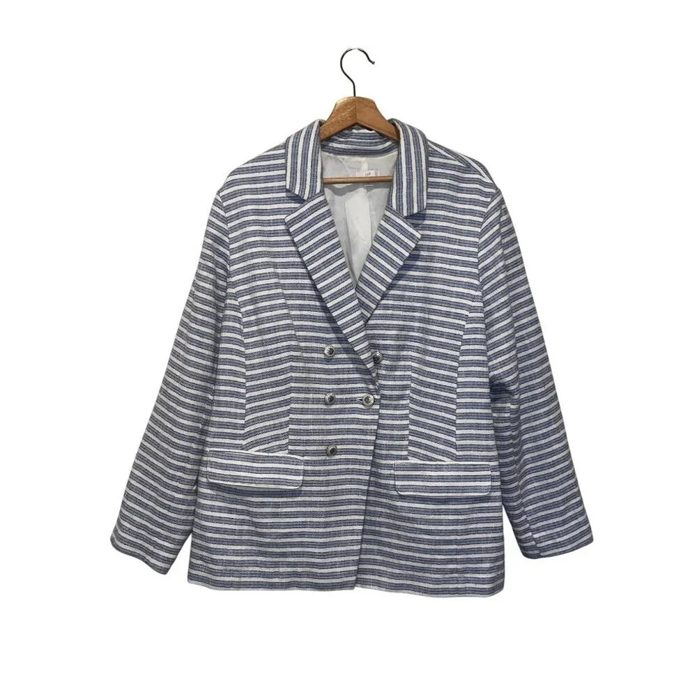 J.Jill Blue & White Striped Double-Breasted Lined Women's Blazer Jacket Size 2X